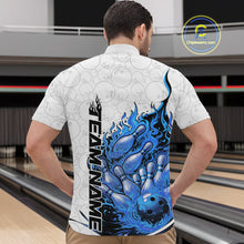 Load image into Gallery viewer, Front view male model in bowling lane wearing quarter-zip shirt featuring flaming bowling ball crashing pins white blue purple fiery design