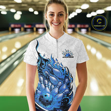 Load image into Gallery viewer, Front view female model at bowling lane wearing white and blue quarter zip shirt showing flaming bowling ball crashing into pins with energetic fire illustration.