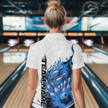 Load image into Gallery viewer, Back view female model in bowling lane wearing white and blue quarter zip featuring flaming bowling ball crashing into pins with dynamic fiery bowling graphics.