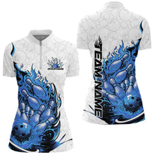 Load image into Gallery viewer, Front and back mockup of womens bowling quarter zip in white and blue featuring flaming bowling ball crashing into pins with vivid fire themed sports artwork.
