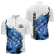 Load image into Gallery viewer, Front and back view men’s quarter-zip bowling shirt mockup featuring flaming bowling ball crashing pins white blue and purple dynamic style