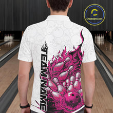 Load image into Gallery viewer, Back view of a male model in a white and pink bowling polo displaying bold flaming bowling ball and pin graphics.