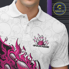 Load image into Gallery viewer, Close-up of the left chest on a white and pink bowling polo featuring a fiery bowling ball striking pins motif.