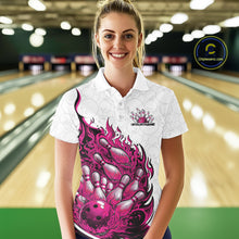 Load image into Gallery viewer, Female model in bowling lane wearing polo shirt with flaming bowling ball crashing into pins pink fiery sports artwork