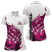 Load image into Gallery viewer, Front and back view women’s polo shirt mockup featuring flaming bowling ball crashing into pins fiery style design on white and pink fabric
