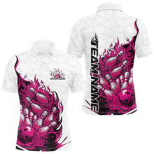 Load image into Gallery viewer, Front and back mens bowling polo mockup in white and pink featuring a flaming bowling ball crashing into bowling pins with fiery style graphics.