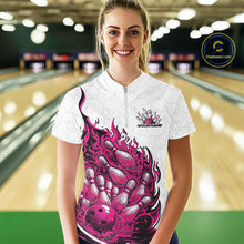 Load image into Gallery viewer, Front view female model at bowling lane wearing white and pink quarter zip shirt showing flaming bowling ball crashing into pins with energetic fire illustration.