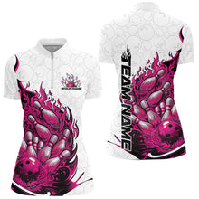 Load image into Gallery viewer, Front and back mockup of womens bowling quarter zip in white and pink featuring flaming bowling ball crashing into pins with playful fiery sports artwork.