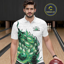 Load image into Gallery viewer, Front view of a male model in a bowling venue wearing a white and green bowling polo with fiery bowling graphics.