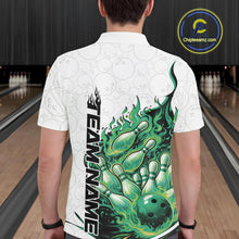 Load image into Gallery viewer, Back view of a white and green bowling polo shirt showcasing bowling ball and pin artwork with flame effects.