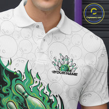 Load image into Gallery viewer, Close-up of the left chest on a white and green bowling polo featuring a flaming bowling strike motif.