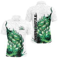 Load image into Gallery viewer, Front and back views of a mens white and green bowling polo featuring a flaming bowling ball crashing through pins.