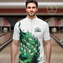 Load image into Gallery viewer, Male model in bowling lane wearing quarter-zip shirt with flaming bowling ball crashing pins white pink sports artwork