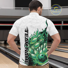 Load image into Gallery viewer, Front view male model in bowling lane wearing quarter-zip shirt featuring flaming bowling ball crashing pins white pink fiery design
