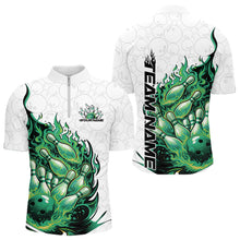 Load image into Gallery viewer, Front and back view men’s quarter-zip bowling shirt mockup featuring flaming bowling ball crashing into pins fiery style on white and pink fabric