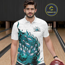 Load image into Gallery viewer, Male model wearing a white and turquoise blue bowling polo at the bowling lane featuring fiery bowling-themed artwork.