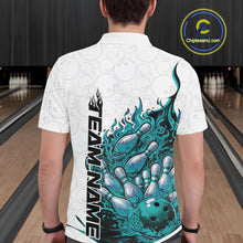 Load image into Gallery viewer, Back view of a white and turquoise blue bowling polo displaying a flaming bowling strike illustration.