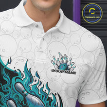 Load image into Gallery viewer, Left chest close-up of a white and turquoise blue bowling polo with flaming bowling ball and pins artwork.