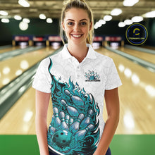 Load image into Gallery viewer, Female model in bowling lane wearing polo shirt with flaming bowling ball crashing into pins fiery turquoise blue sports artwork