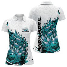 Load image into Gallery viewer, Front and back view women’s polo shirt mockup featuring flaming bowling ball crashing into pins fiery style design on white and turquoise blue fabric