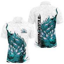 Load image into Gallery viewer, Front and back mens bowling polo mockup in white and turquoise blue with a flaming bowling ball crashing into pins graphic.