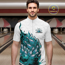 Load image into Gallery viewer, Male model in bowling lane wearing quarter-zip shirt with flaming bowling ball crashing pins white green sports artwork