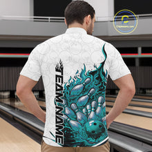 Load image into Gallery viewer, Front view male model in bowling lane wearing quarter-zip shirt featuring flaming bowling ball crashing pins white green fiery design