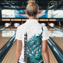 Load image into Gallery viewer, Back view female model in bowling lane wearing white and turquoise blue quarter zip featuring flaming bowling ball crashing into pins with dynamic fiery graphics.