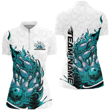 Load image into Gallery viewer, Front and back mockup of womens bowling quarter zip in white and turquoise blue featuring flaming bowling ball crashing into pins with fiery stylized sports artwork.