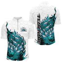 Load image into Gallery viewer, Front and back view men’s quarter-zip bowling shirt mockup featuring flaming bowling ball crashing into pins fiery style on white and green fabric