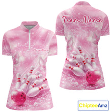 Load image into Gallery viewer, Front and back view of a women’s bowling quarter zip shirt featuring a pink bowling ball striking pins with butterflies and sparkling diamond design.