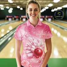 Load image into Gallery viewer, Female model in bowling lane wearing polo shirt with flaming bowling ball striking pins purple blazing fire design