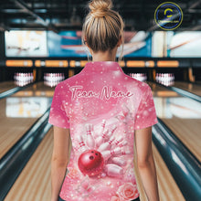 Load image into Gallery viewer, Back view female model wearing polo shirt with flaming bowling ball crashing into pins purple fiery bowling graphics