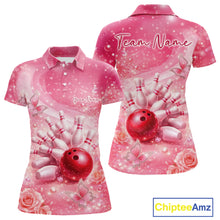 Load image into Gallery viewer, Front and back view of a women’s polo shirt featuring flaming bowling ball crashing into pins purple fiery theme artwork