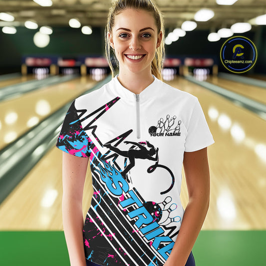 Custom Blue And Pink Camo Strike Bowling Women Quarter-Zip Shirts, Bowling Heartbeat IPHW9248