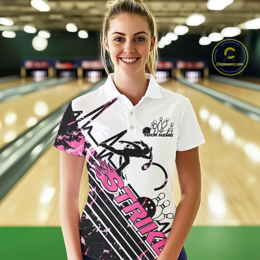 Custom Black And Pink Camo Strike Bowling Women Polo Shirt, Bowling Heartbeat Pulse Line IPHW9250