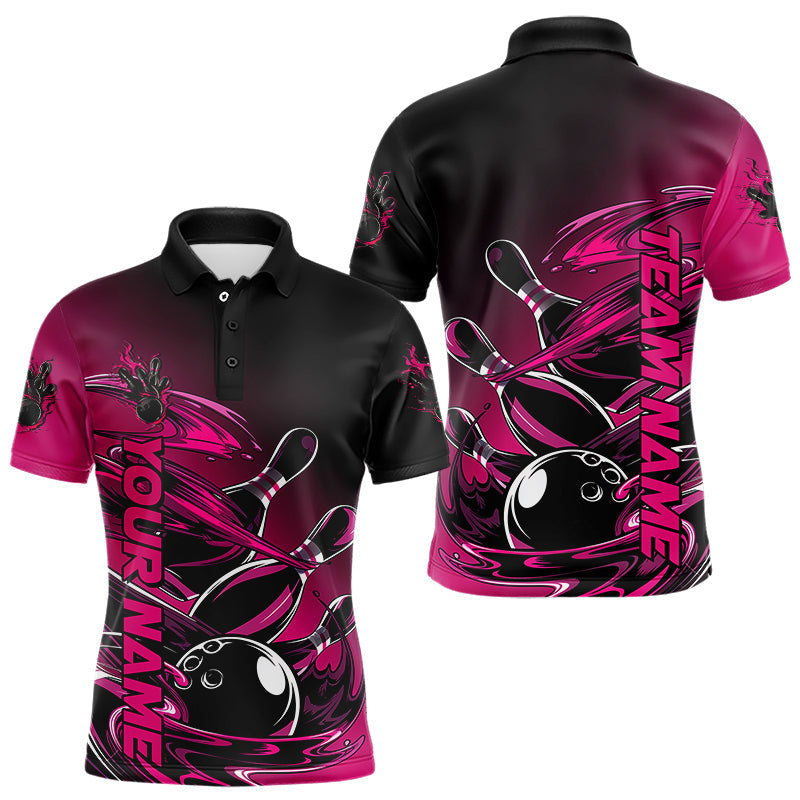 Custom Pink And Black Bowling League Shirt, Flaming Bowling Polo Shirts For Men IPHW8050