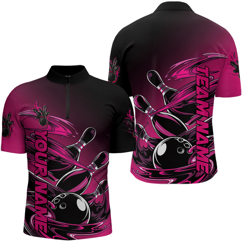 Custom Pink And Black Bowling League Shirt, Flaming Bowling Quarter-Zip Shirts For Men IPHW8050