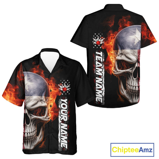 Custom Flame Skull American Texas Flag Men And Women Bowling Team Shirt, Patriotic Bowling Jerseys IPHW10635