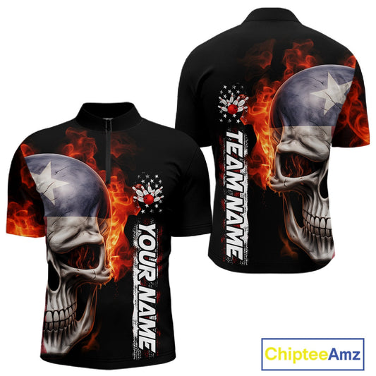 Custom Flame Skull American Texas Flag Men Bowling Team Shirt, Patriotic Bowling Jerseys IPHW10635