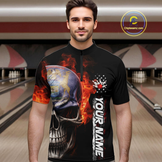 Custom Flame Skull American Michigan Flag Men Bowling Team Shirt, Patriotic Bowling Jersey IPHW10636