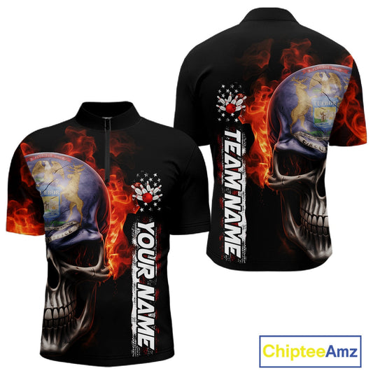 Custom Flame Skull American Michigan Flag Men Bowling Team Shirt, Patriotic Bowling Jersey IPHW10636