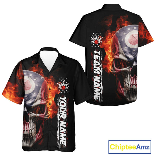 Custom Flame Skull American Ohio Flag Men And Women Bowling Team Shirt, Patriotic Bowling Jersey IPHW10637
