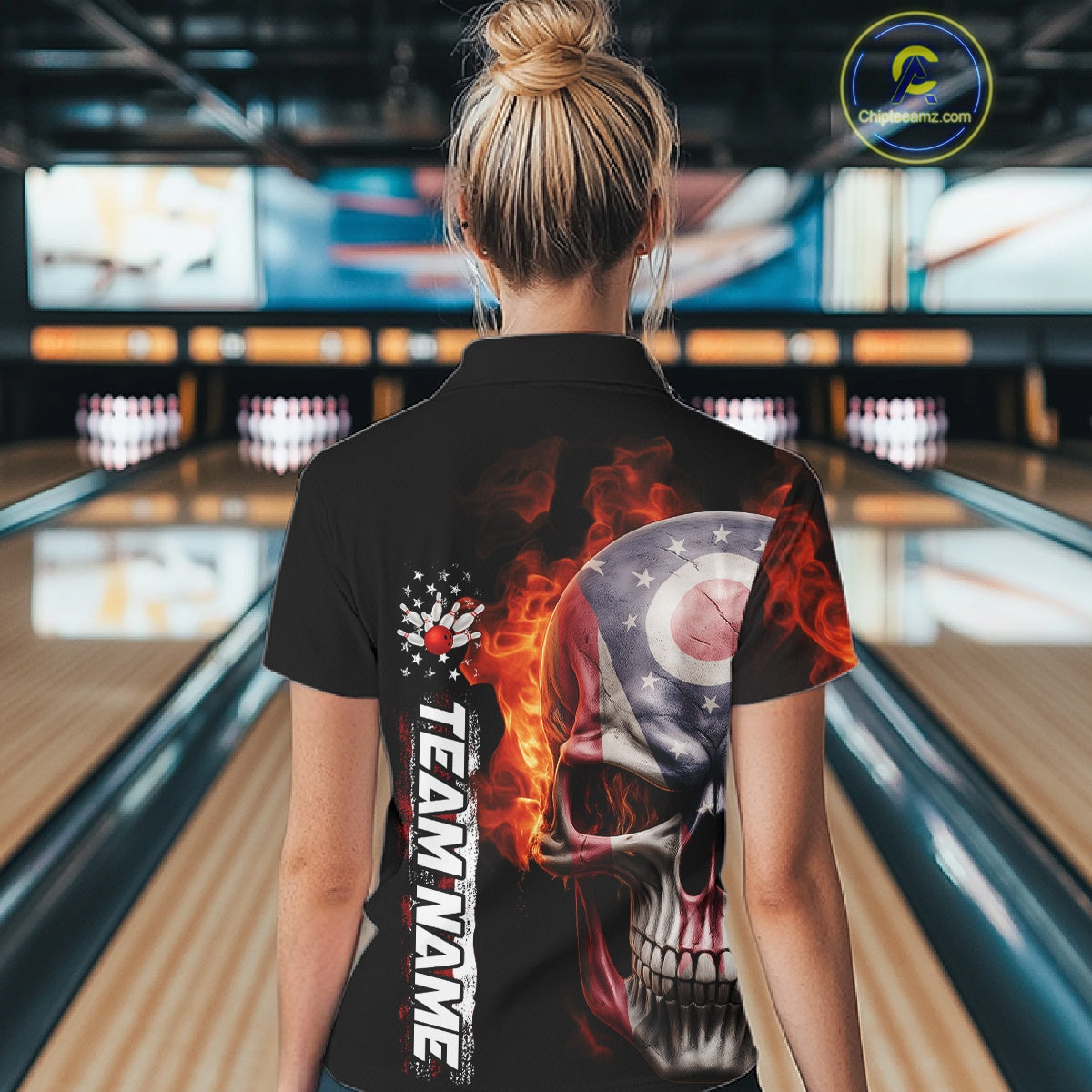 Custom Flame Skull American Ohio Flag Women Bowling Team Shirt, Patriotic Bowling Jersey IPHW10637