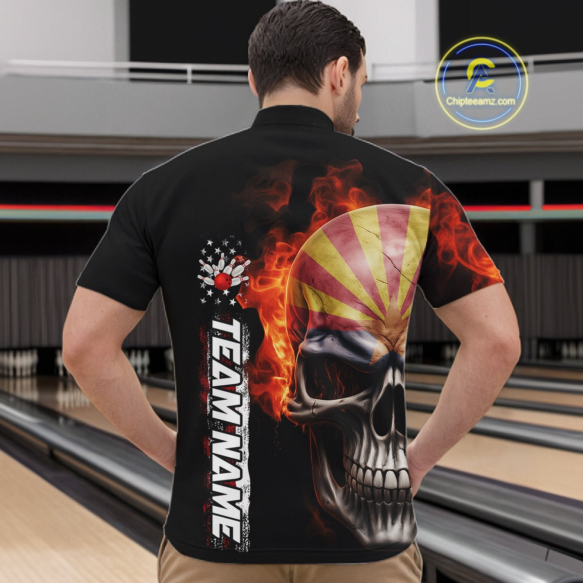 Custom Flame Skull American Arizona Flag Men Bowling Team Shirt, Patriotic Bowling Jersey IPHW10638