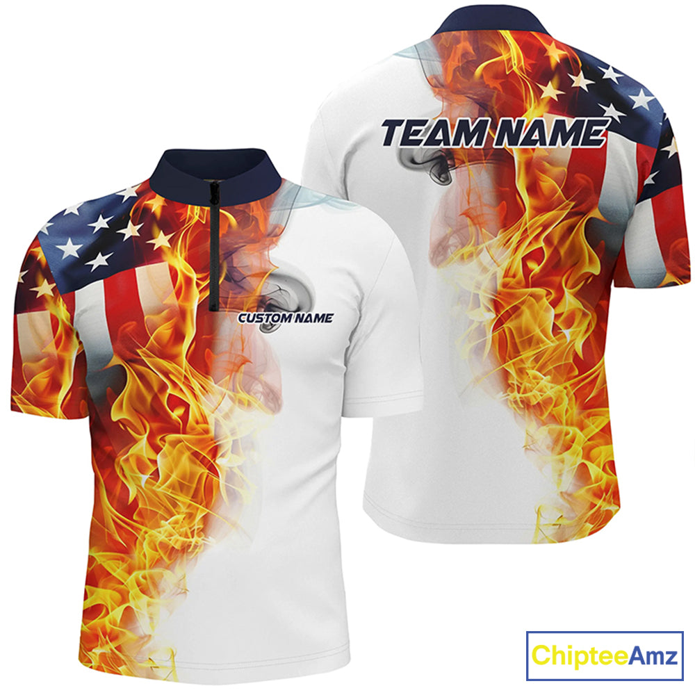 Flame American Flag Custom Polo  /Quarter-Zip Shirts For Men Women, Patriotic Bowling Team Jersey IPHW5984
