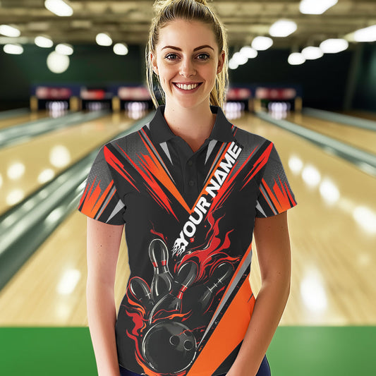 Custom Black And Red Flame Bowling Women Polo Shirts, Fire Bowling Tournament Team Outfits IPHW8773