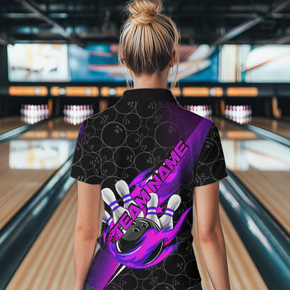 Custom Black And Blue Purple Flame Strike Bowling Women Quarter-Zip Shirts IPHW8782