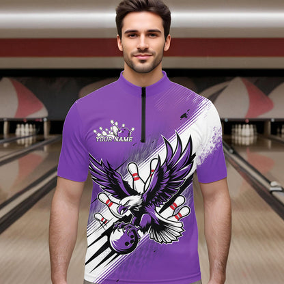 Custom Purple Eagle Bowling Jerseys, Eagle Bowling Men Quarter-Zip Shirts Team Bowlers Uniform IPHW8788