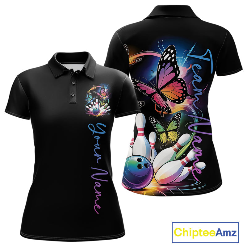 Custom Colorful Butterfly Bowling Women Polo Shirts With Team Name, Bowling Uniform IPHW9013